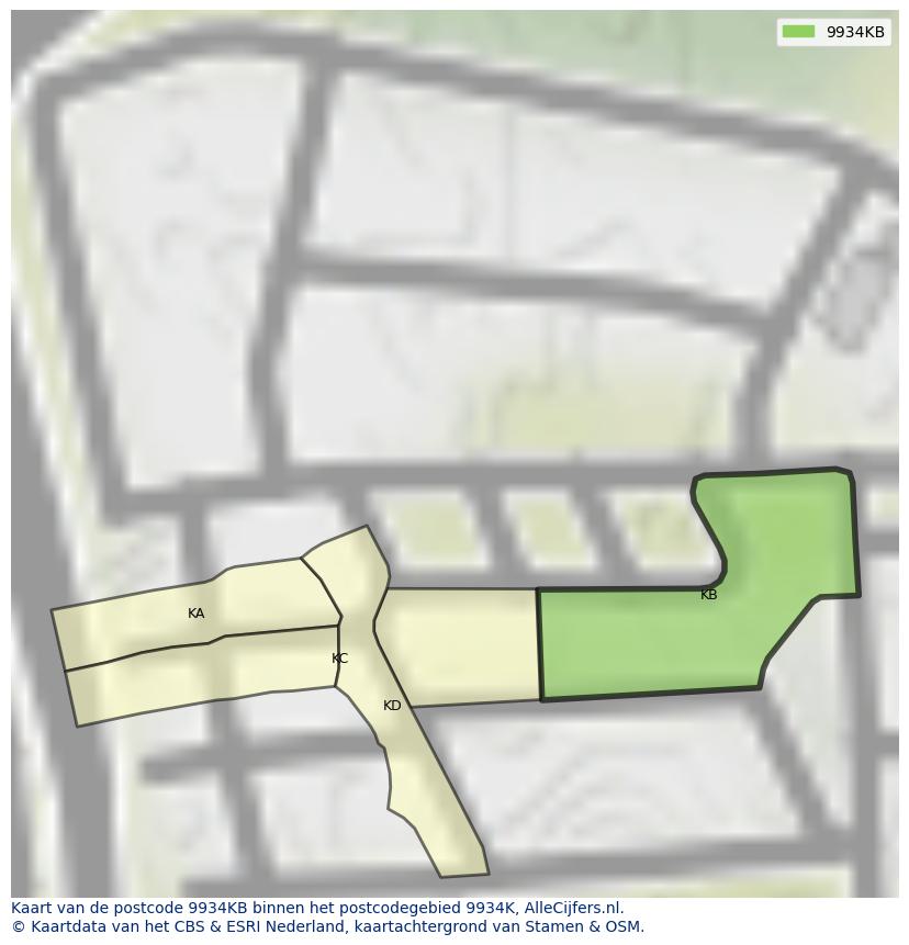 Afbeelding van het postcodegebied 9934 KB op de kaart.