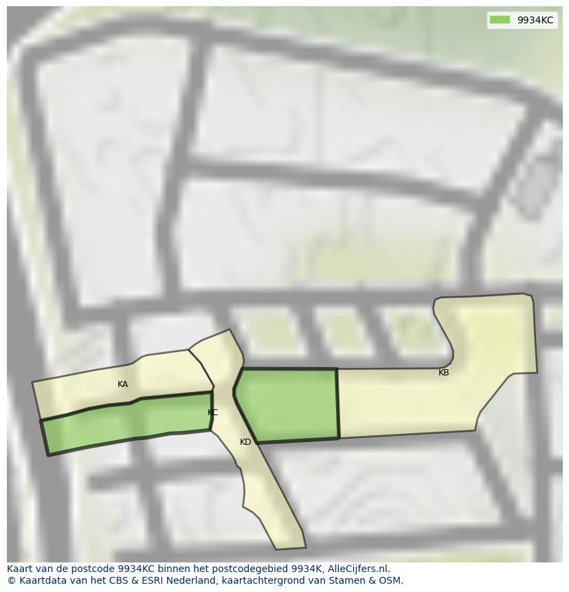 Afbeelding van het postcodegebied 9934 KC op de kaart.