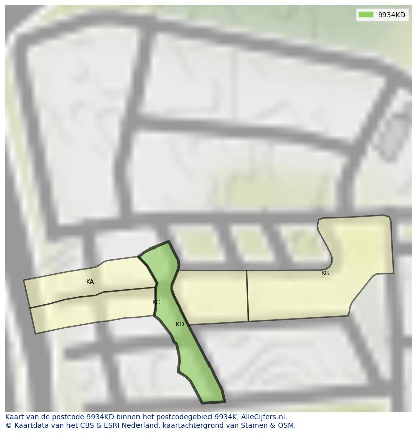 Afbeelding van het postcodegebied 9934 KD op de kaart.