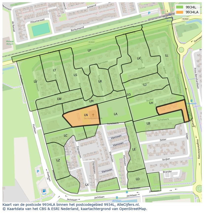 Afbeelding van het postcodegebied 9934 LA op de kaart.