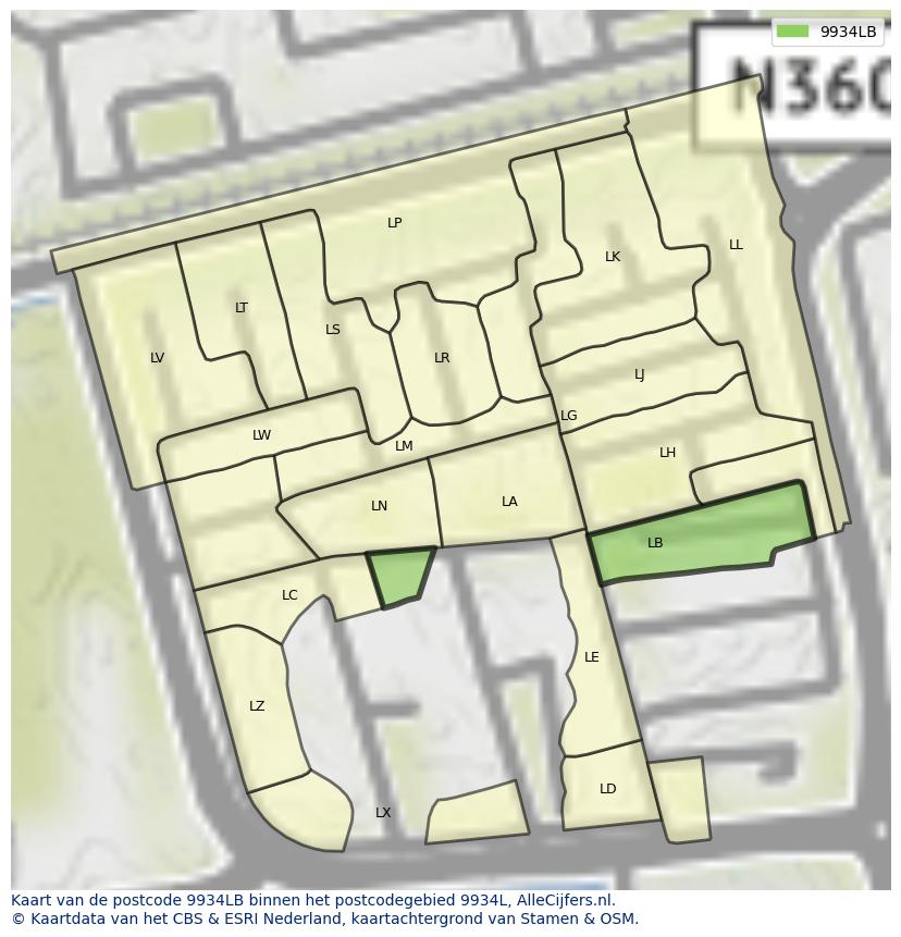 Afbeelding van het postcodegebied 9934 LB op de kaart.