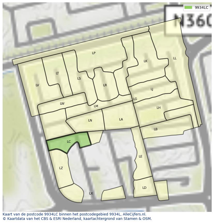 Afbeelding van het postcodegebied 9934 LC op de kaart.