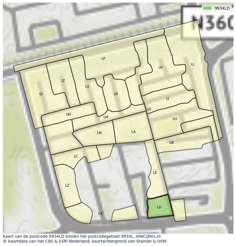 Afbeelding van het postcodegebied 9934 LD op de kaart.