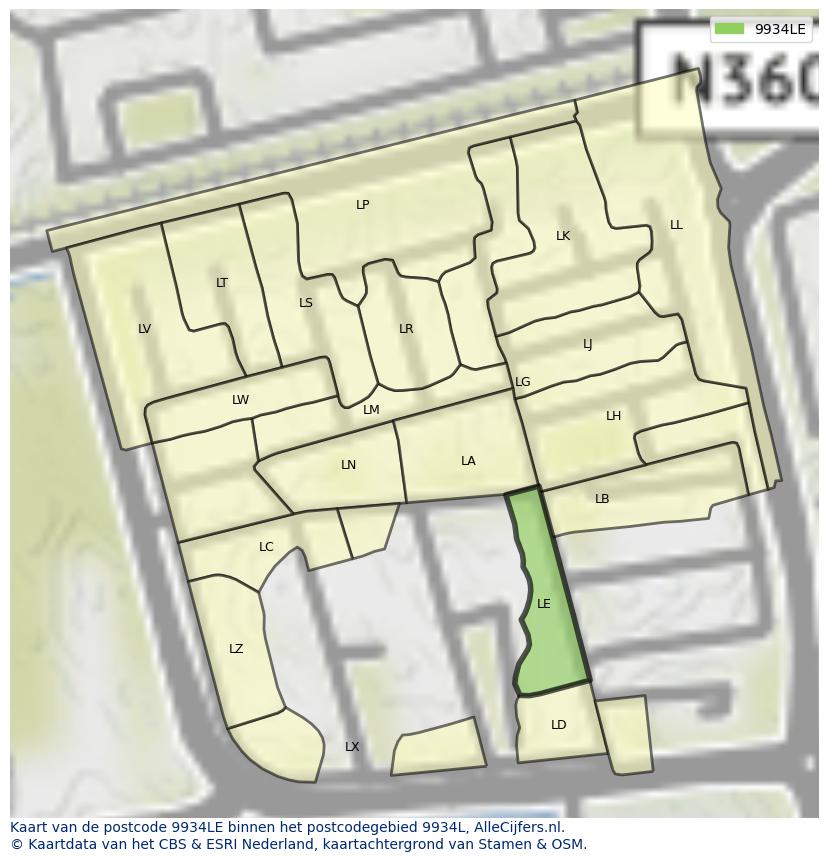 Afbeelding van het postcodegebied 9934 LE op de kaart.
