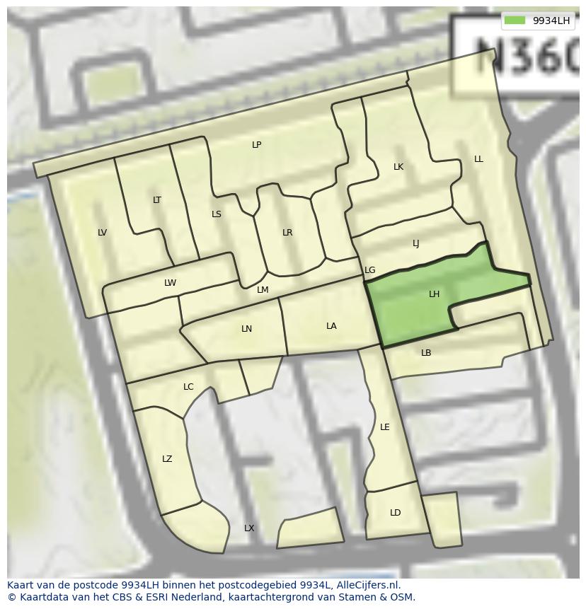 Afbeelding van het postcodegebied 9934 LH op de kaart.