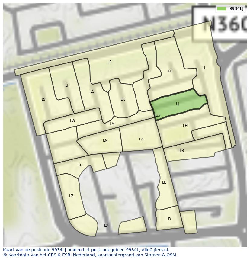 Afbeelding van het postcodegebied 9934 LJ op de kaart.