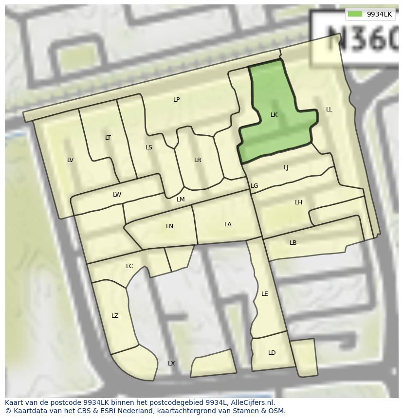 Afbeelding van het postcodegebied 9934 LK op de kaart.