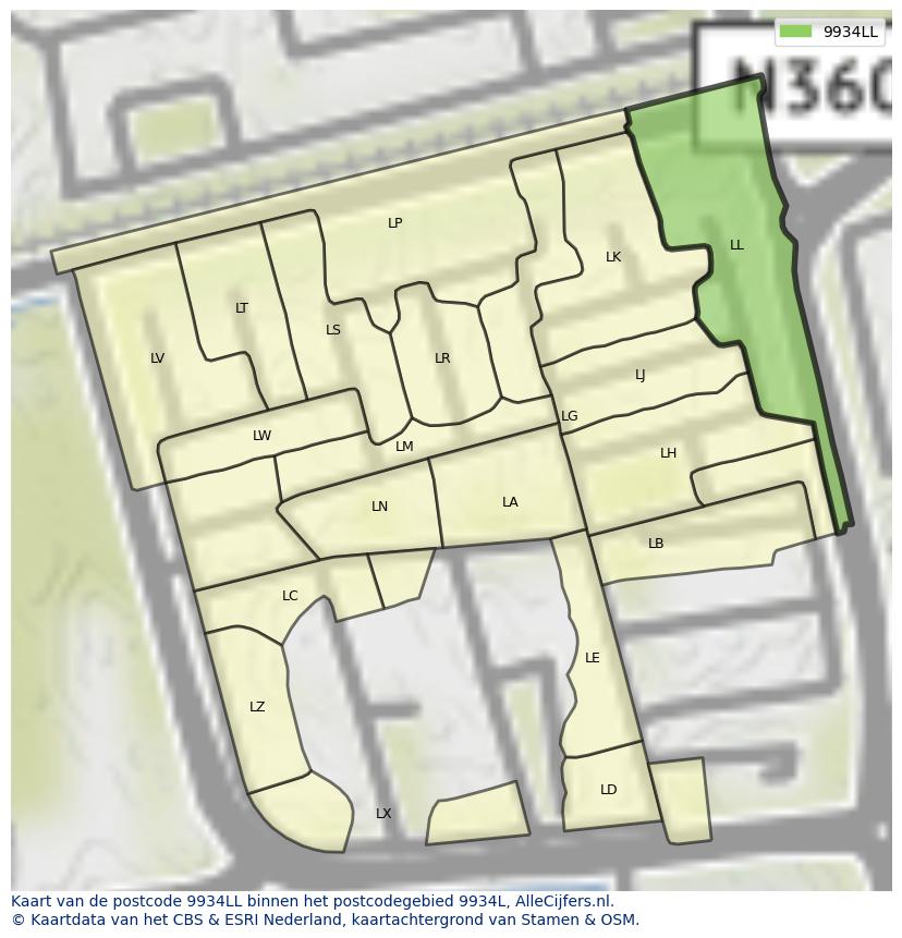 Afbeelding van het postcodegebied 9934 LL op de kaart.