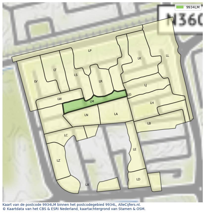 Afbeelding van het postcodegebied 9934 LM op de kaart.