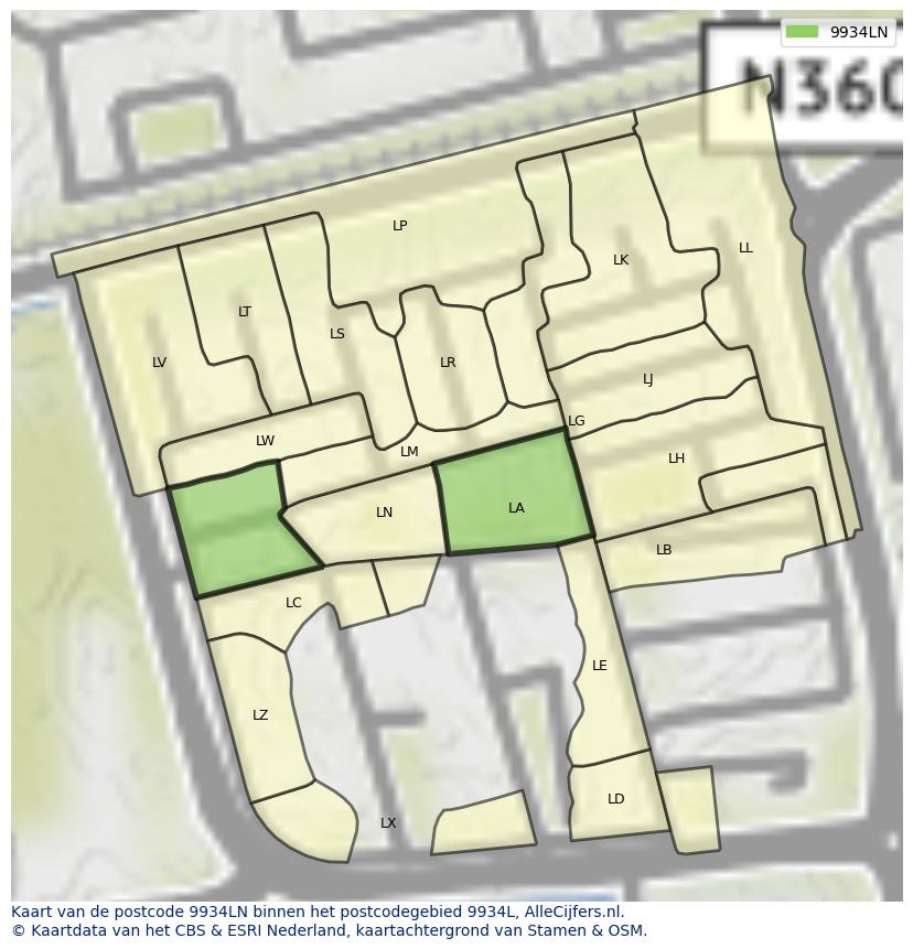 Afbeelding van het postcodegebied 9934 LN op de kaart.