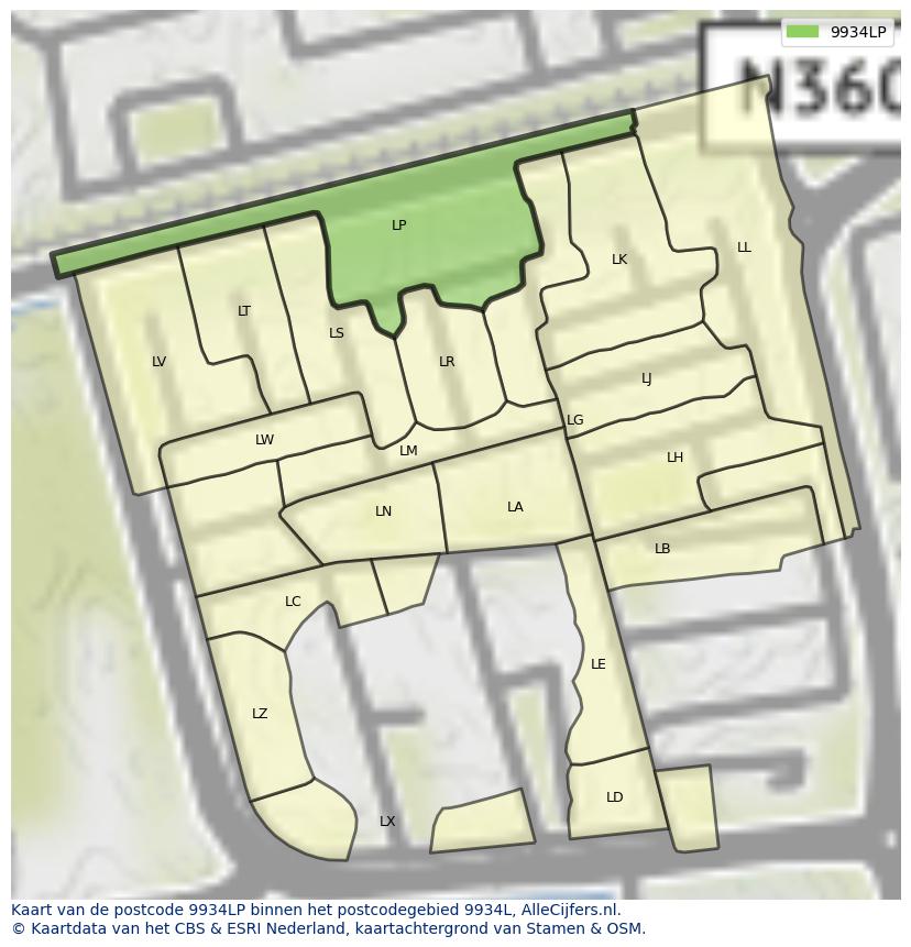 Afbeelding van het postcodegebied 9934 LP op de kaart.