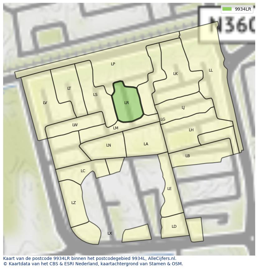 Afbeelding van het postcodegebied 9934 LR op de kaart.