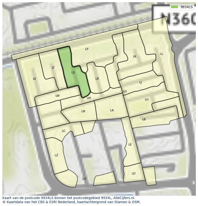 Afbeelding van het postcodegebied 9934 LS op de kaart.