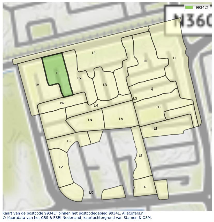 Afbeelding van het postcodegebied 9934 LT op de kaart.