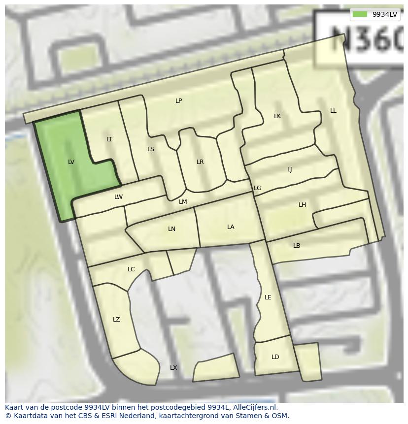 Afbeelding van het postcodegebied 9934 LV op de kaart.