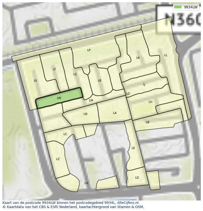 Afbeelding van het postcodegebied 9934 LW op de kaart.