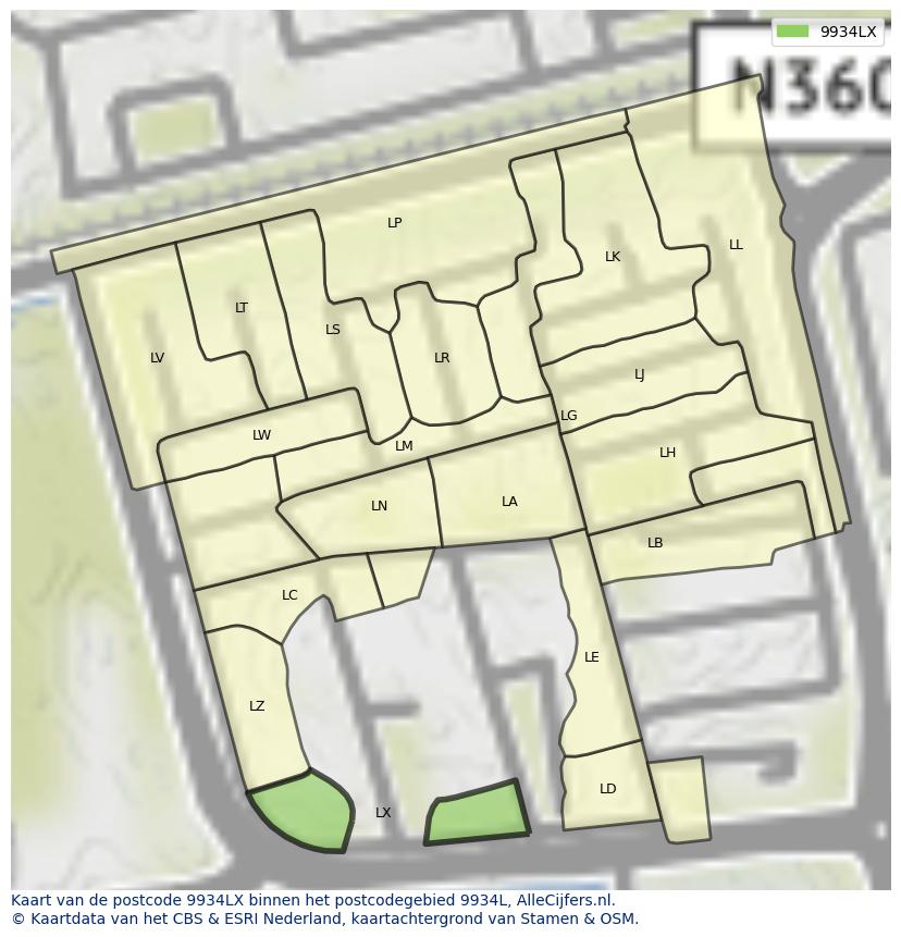 Afbeelding van het postcodegebied 9934 LX op de kaart.