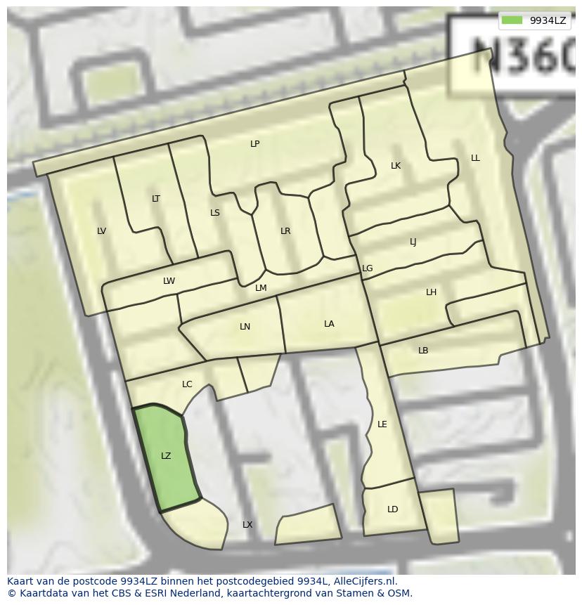Afbeelding van het postcodegebied 9934 LZ op de kaart.