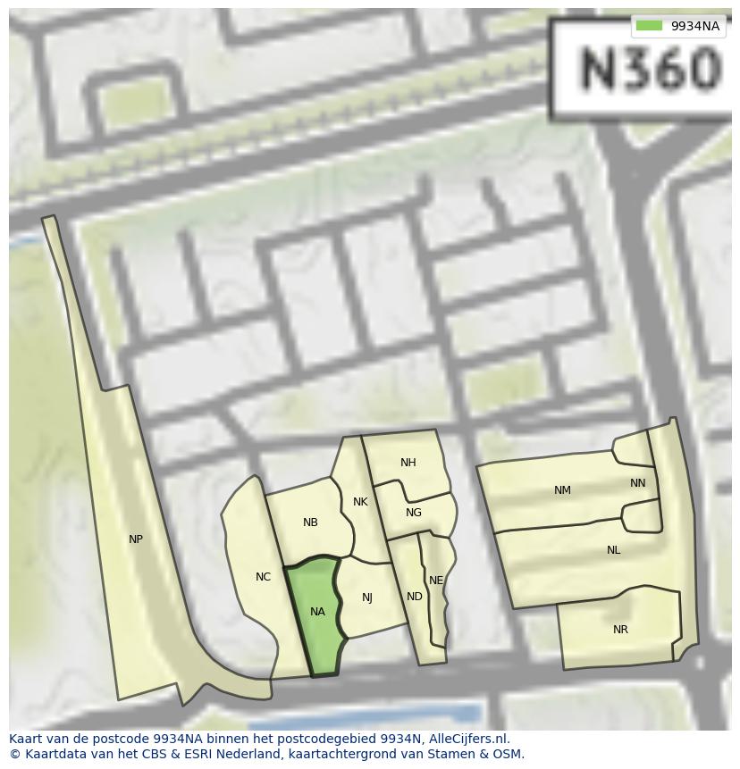 Afbeelding van het postcodegebied 9934 NA op de kaart.