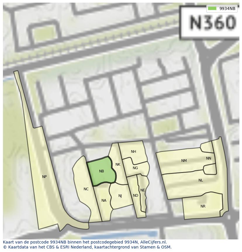 Afbeelding van het postcodegebied 9934 NB op de kaart.