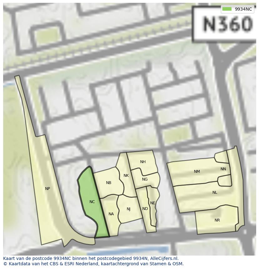 Afbeelding van het postcodegebied 9934 NC op de kaart.