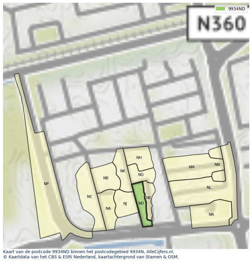 Afbeelding van het postcodegebied 9934 ND op de kaart.