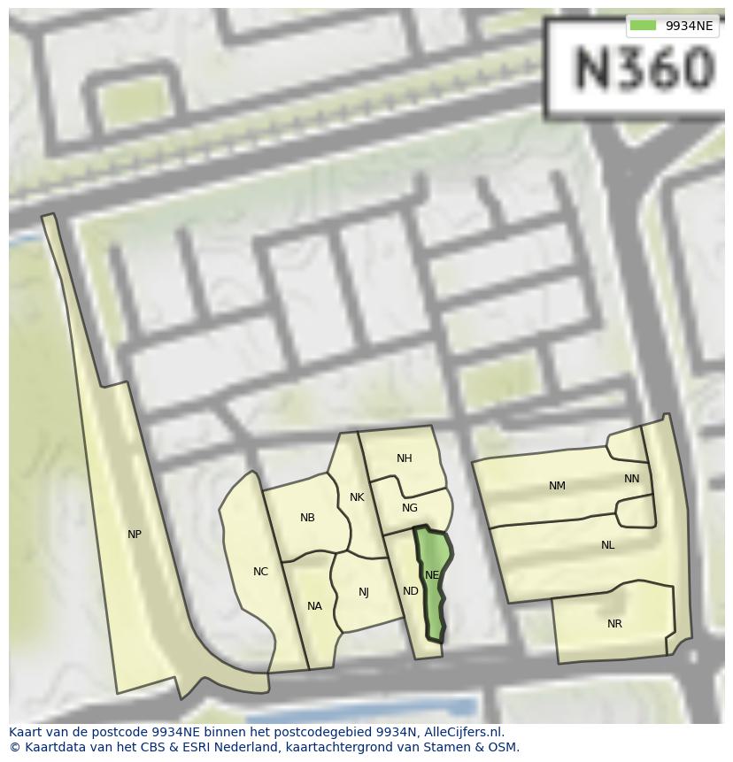 Afbeelding van het postcodegebied 9934 NE op de kaart.