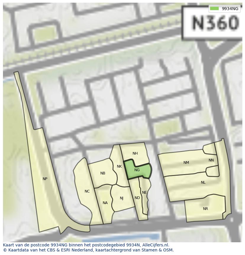 Afbeelding van het postcodegebied 9934 NG op de kaart.