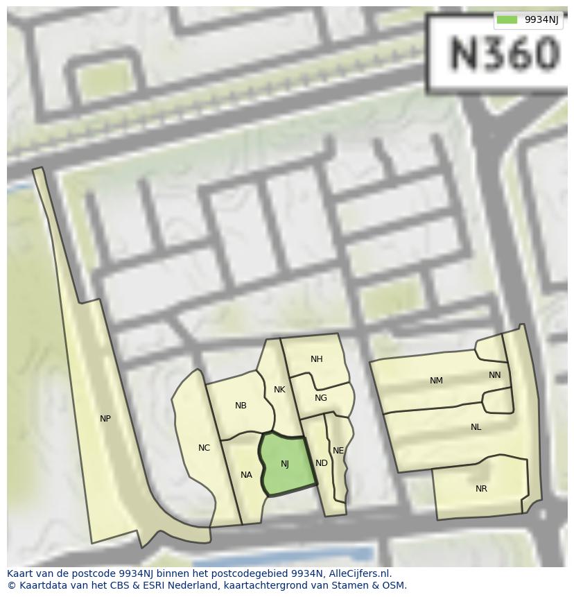 Afbeelding van het postcodegebied 9934 NJ op de kaart.