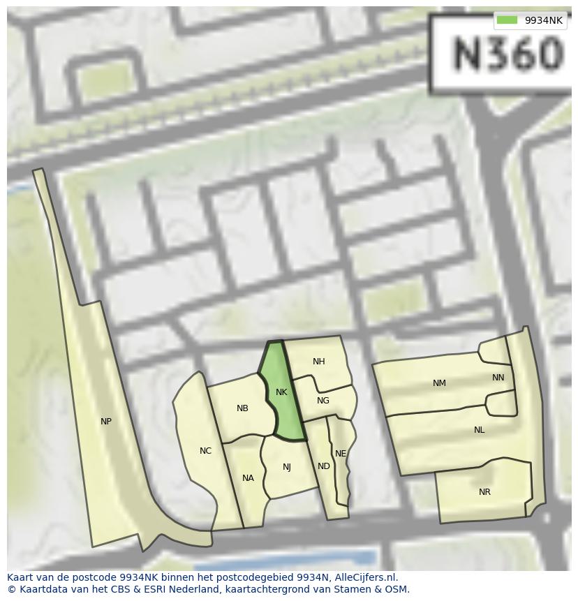 Afbeelding van het postcodegebied 9934 NK op de kaart.