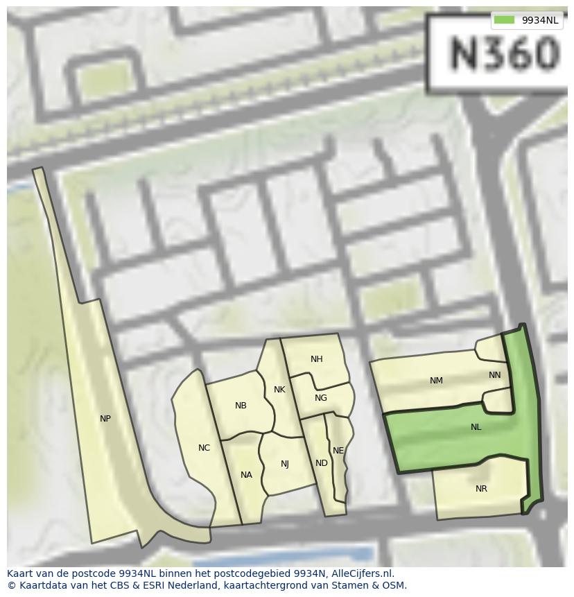 Afbeelding van het postcodegebied 9934 NL op de kaart.