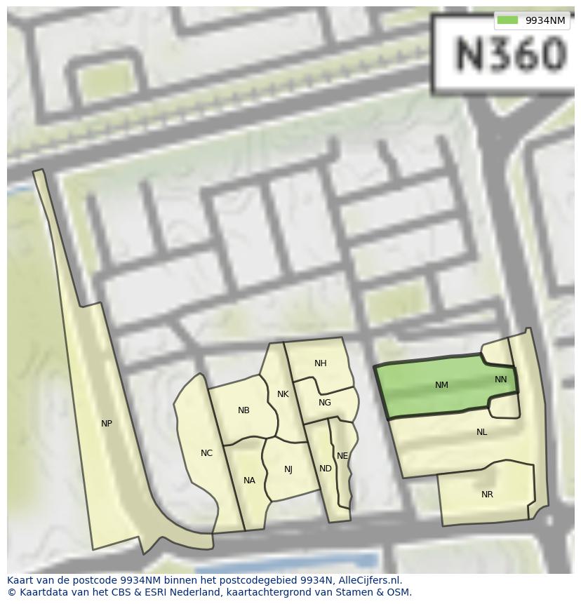 Afbeelding van het postcodegebied 9934 NM op de kaart.