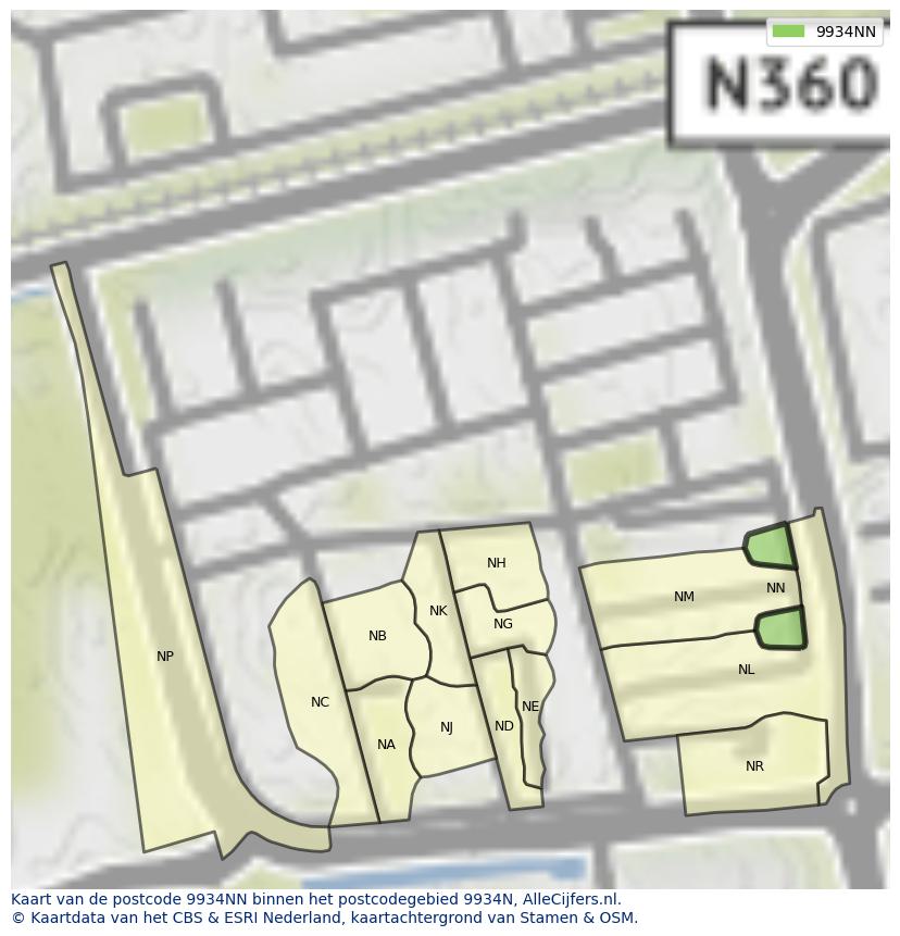 Afbeelding van het postcodegebied 9934 NN op de kaart.