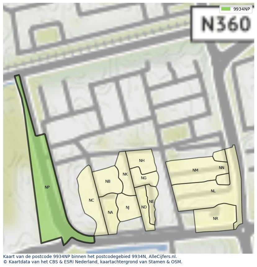 Afbeelding van het postcodegebied 9934 NP op de kaart.