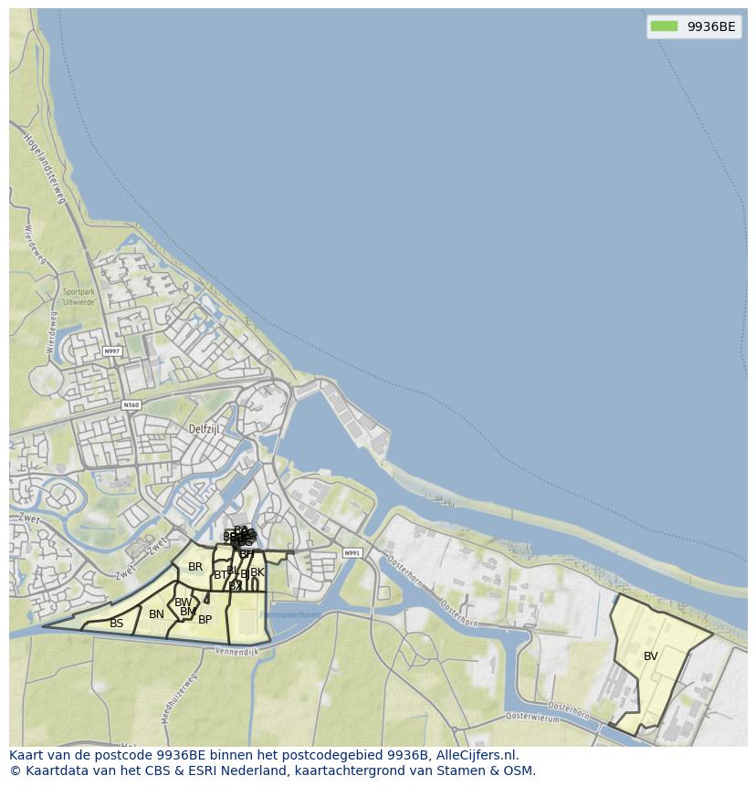 Afbeelding van het postcodegebied 9936 BE op de kaart.