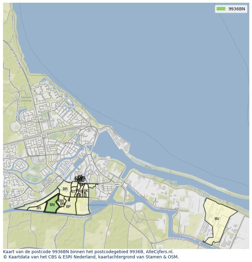 Afbeelding van het postcodegebied 9936 BN op de kaart.