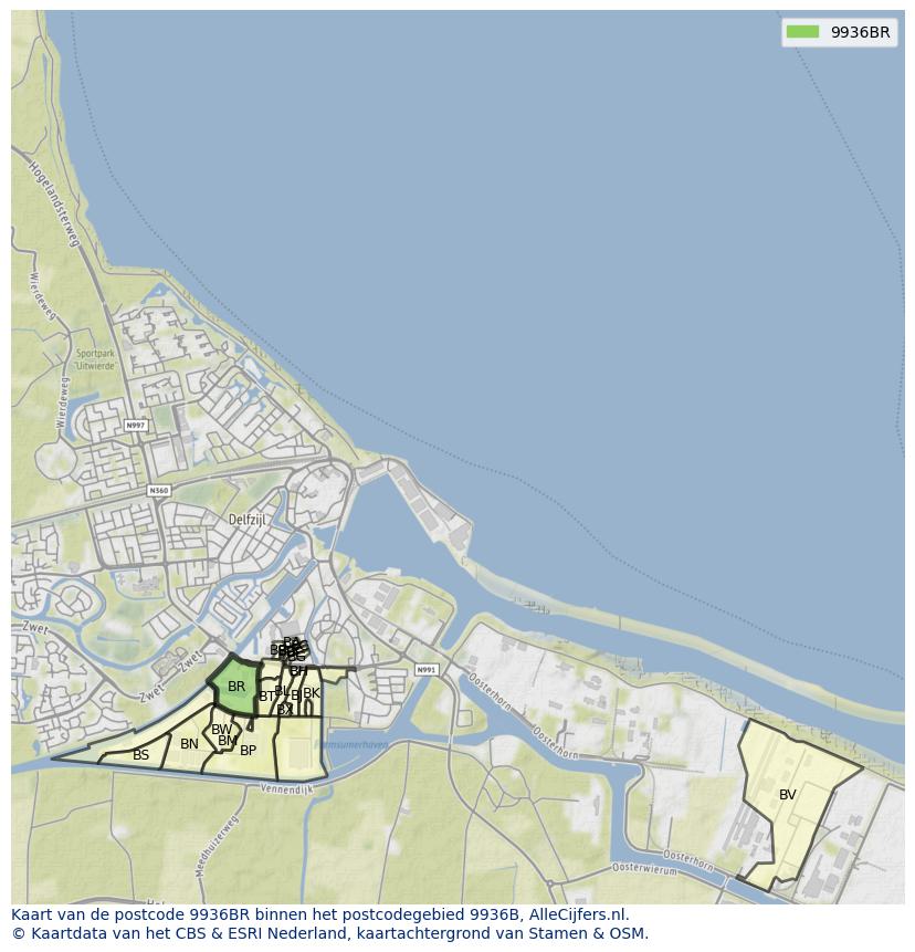 Afbeelding van het postcodegebied 9936 BR op de kaart.