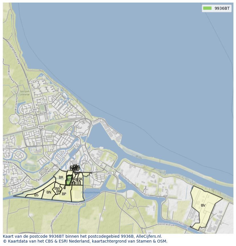 Afbeelding van het postcodegebied 9936 BT op de kaart.