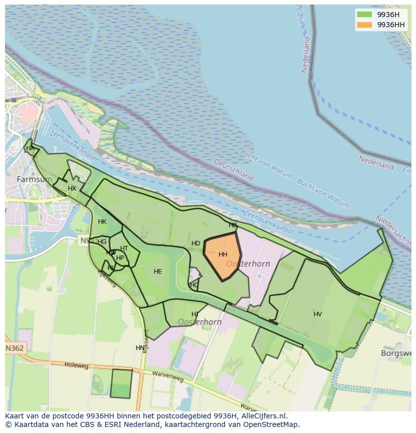Afbeelding van het postcodegebied 9936 HH op de kaart.