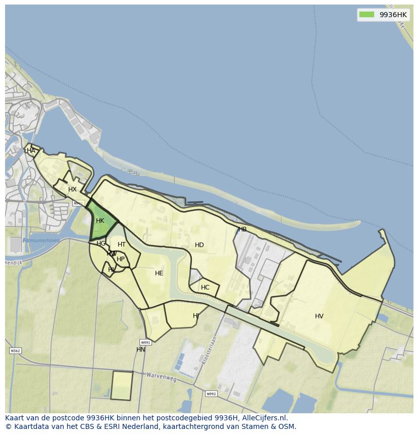 Afbeelding van het postcodegebied 9936 HK op de kaart.