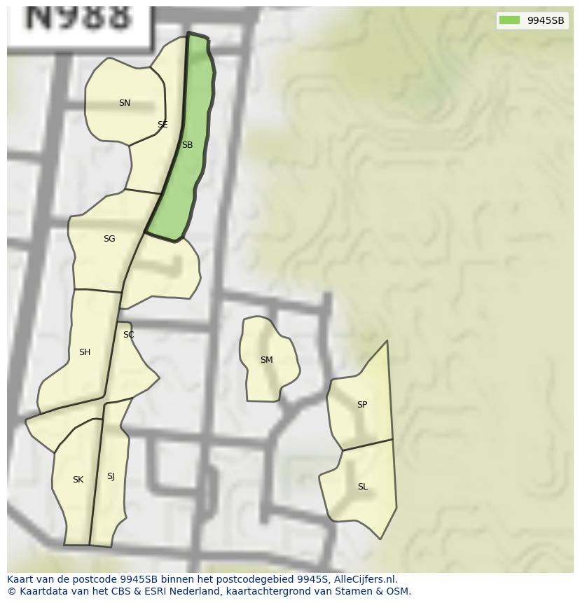 Afbeelding van het postcodegebied 9945 SB op de kaart.
