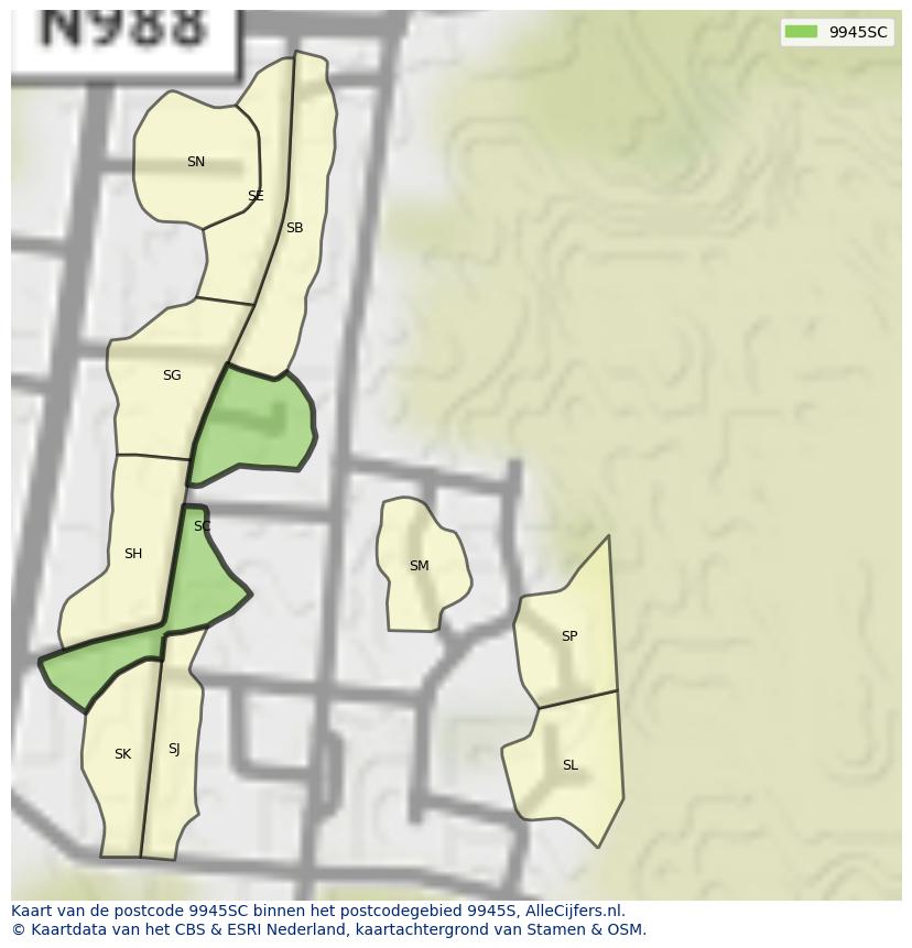 Afbeelding van het postcodegebied 9945 SC op de kaart.