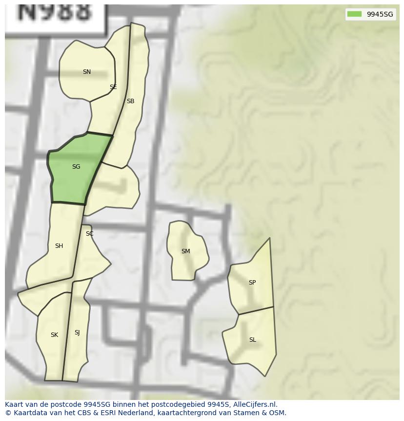 Afbeelding van het postcodegebied 9945 SG op de kaart.