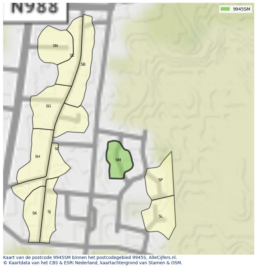 Afbeelding van het postcodegebied 9945 SM op de kaart.