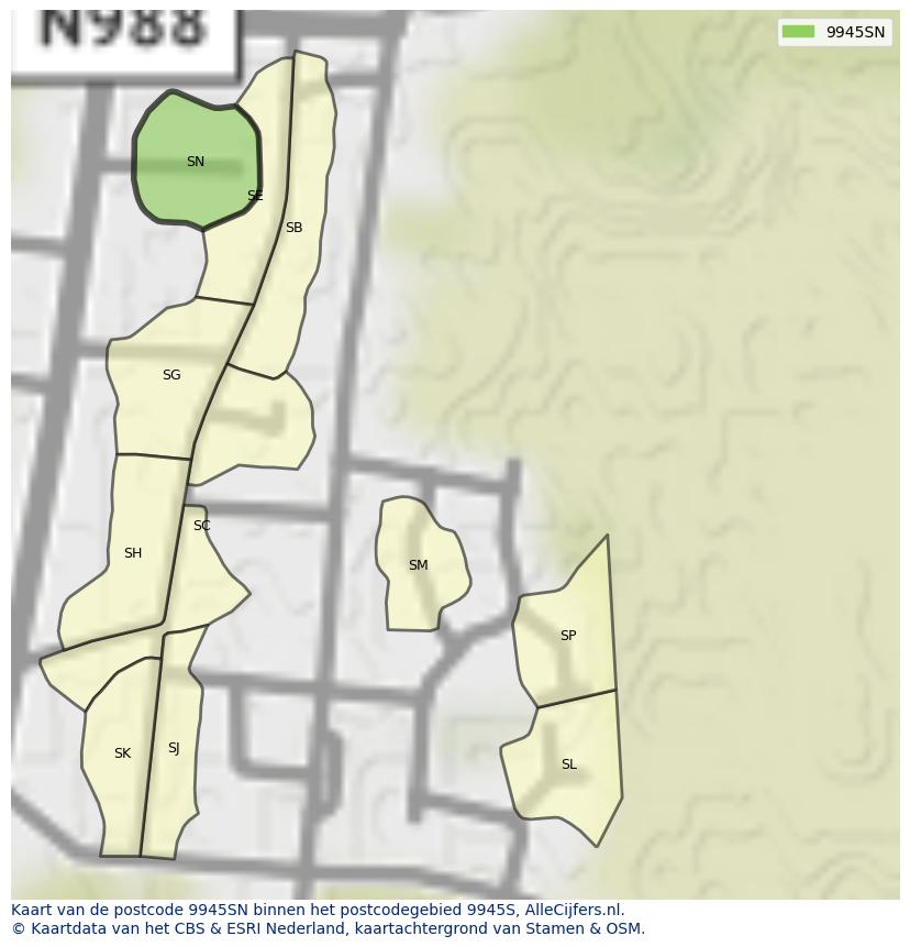 Afbeelding van het postcodegebied 9945 SN op de kaart.
