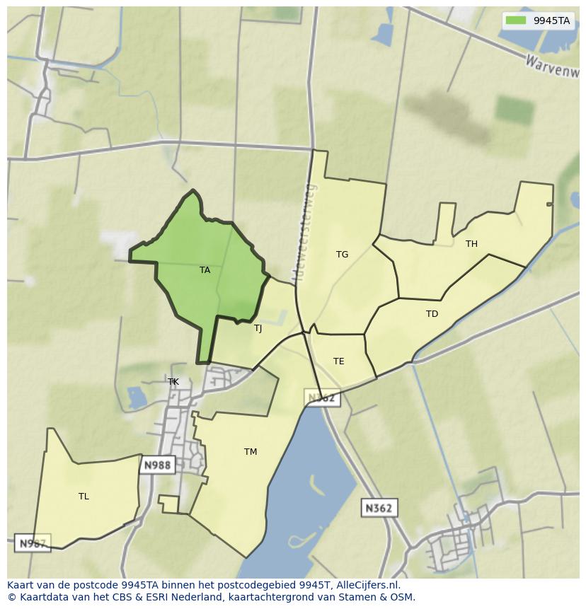 Afbeelding van het postcodegebied 9945 TA op de kaart.