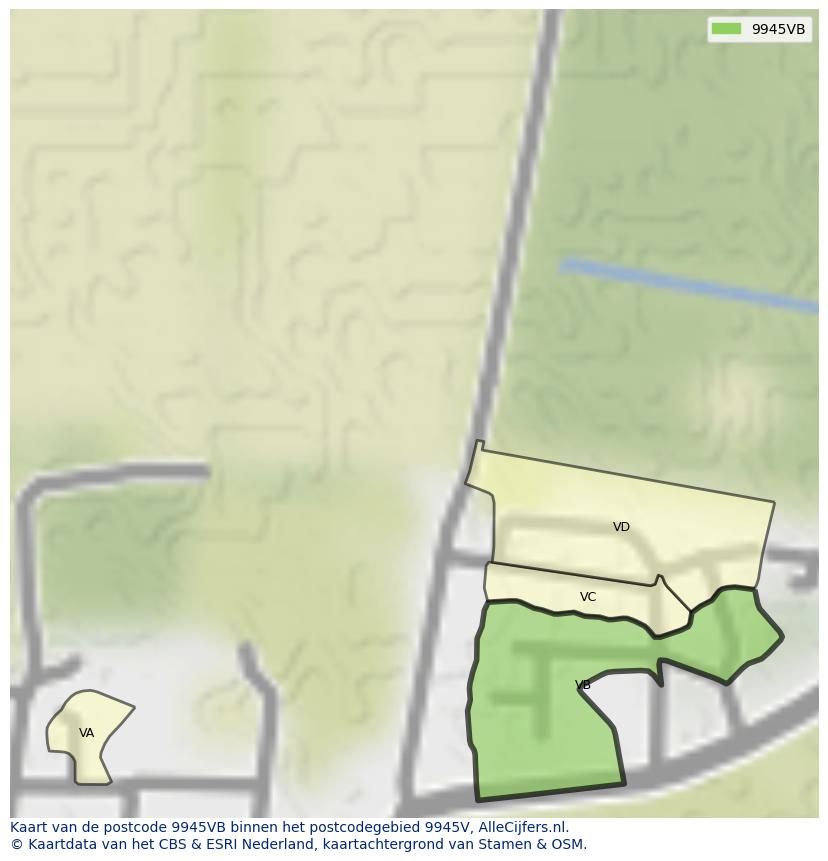 Afbeelding van het postcodegebied 9945 VB op de kaart.