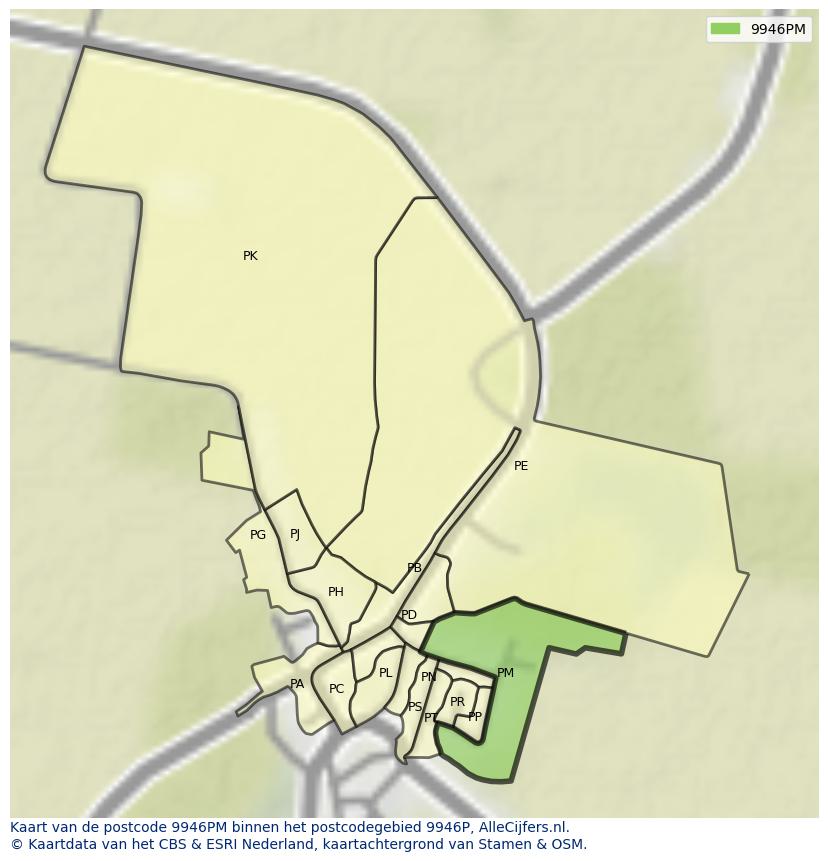 Afbeelding van het postcodegebied 9946 PM op de kaart.