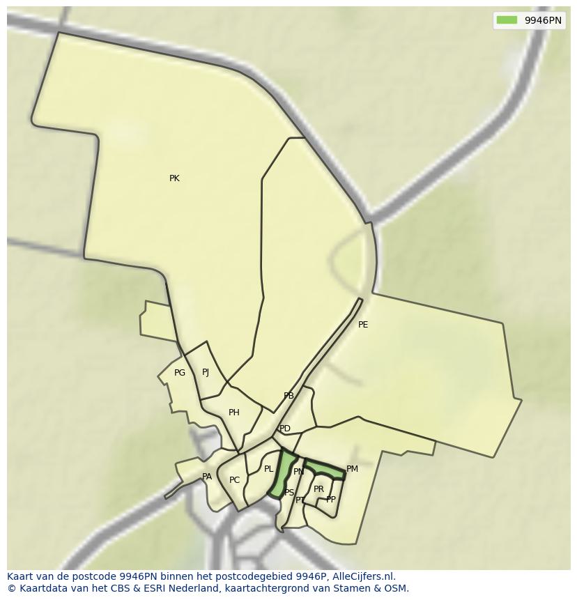 Afbeelding van het postcodegebied 9946 PN op de kaart.