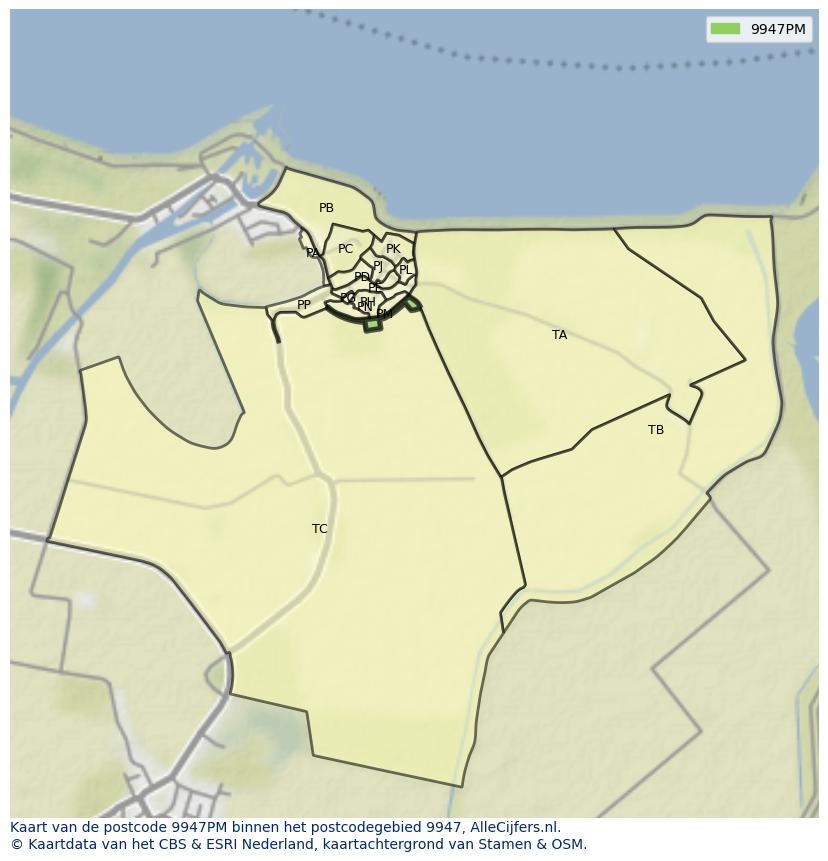Afbeelding van het postcodegebied 9947 PM op de kaart.